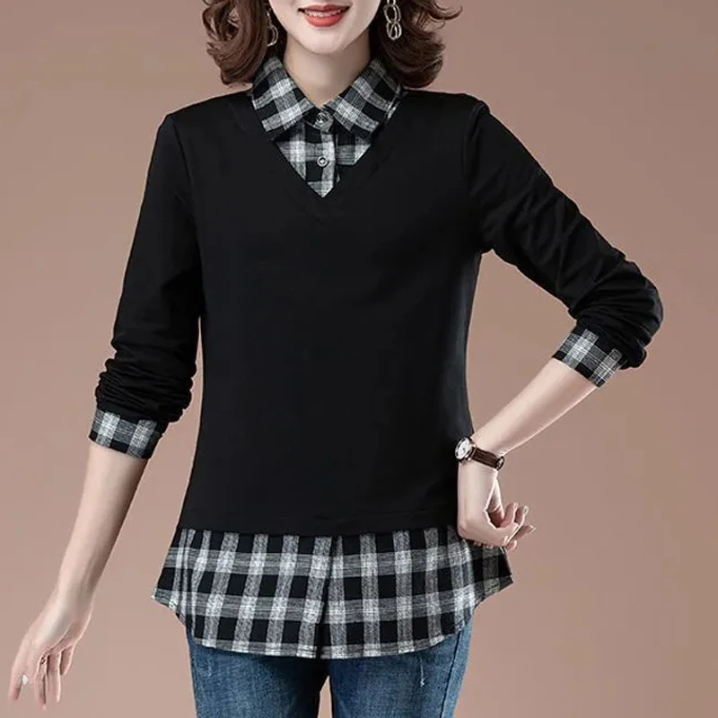 New Korean Plaid Patchwork Pullover Basic Tunic Ladies Tops Autumn Casual Slim Long Sleeve Elegant Cotton T Shirt Women Clothing