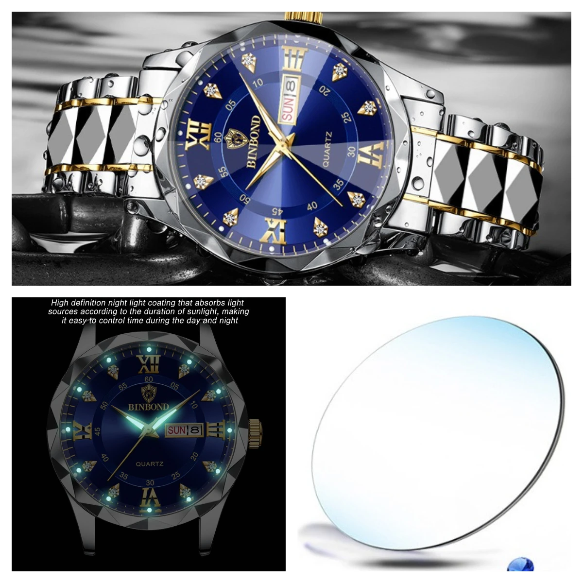 BINBOND Luxury Couple Watches Fashion Rhombus Mirror His and Her Watch Waterproof Luminous Date Week Original Quartz Wristwatch