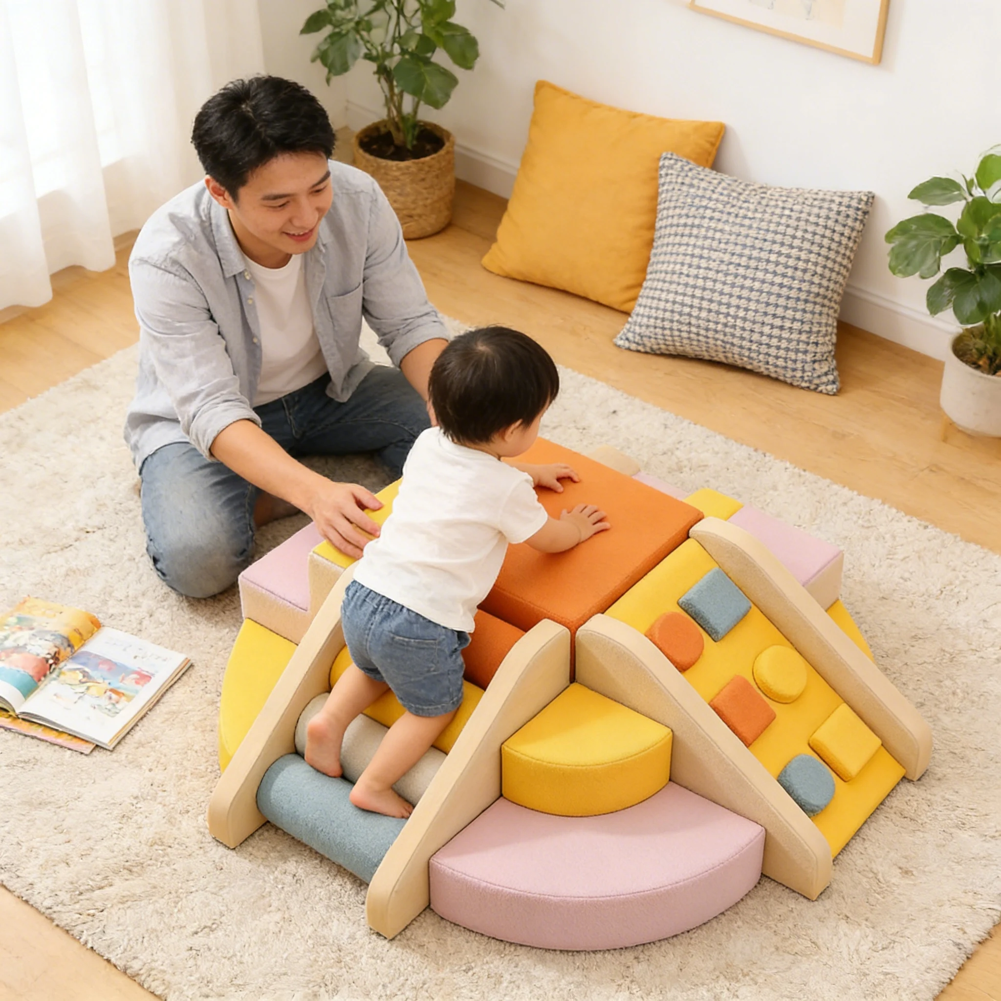 

Структура для альпинизма в помещении со встроенными ручками и изогнутыми туннельными направляющими для непрерывного использования в помещении.