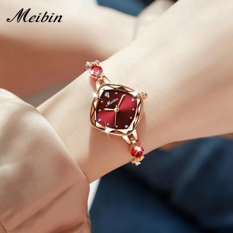 MEIBIN-Relógios de pulso strass quadrado para mulheres, pequeno mostrador verde, marca de luxo, pulseira de ouro rosa, senhoras, 2023