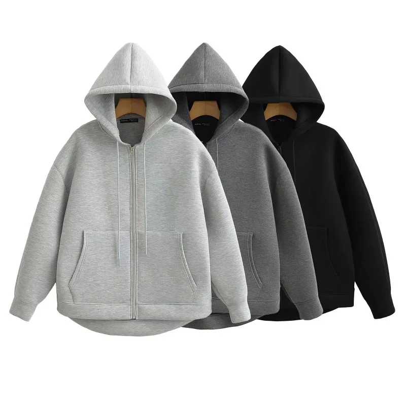 

Autumn Women Gray Jacket With Hood Long Sleeve Big Pocket Zipper Jacket Coat Woman Loose Casual Outerwear Coat Tops