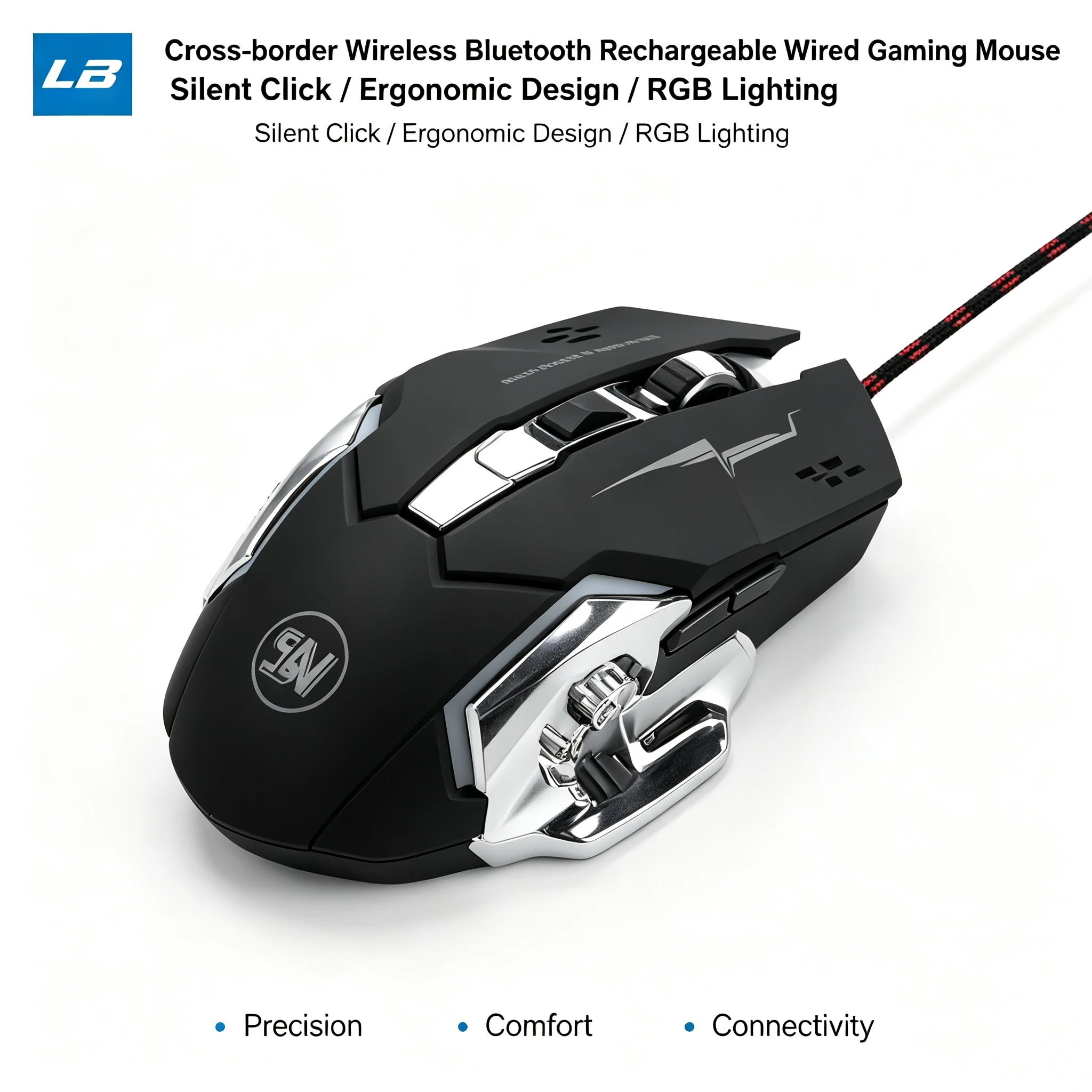 Kabellose/kabelgebundene 2.4G RGB-Hintergrundbeleuchtete Maus mit mechanischem Tastenanschlag, einstellbarer DPI, wiederaufladbare ergonomische Gaming-Maus für PC, Computer, Laptop – Detail 3