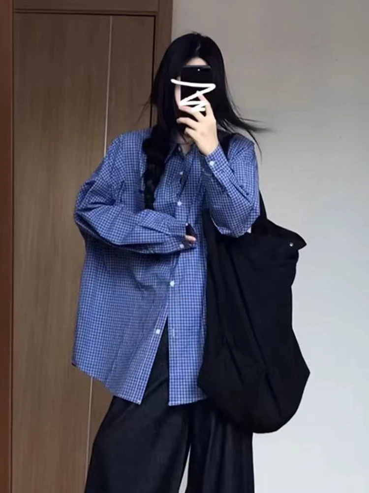 Preppy Style Blue Plaid Shirt Women Loose Long Sleeve Vintage Fall Blouse Oversize Casual Korean Retro Female All Match Tops New