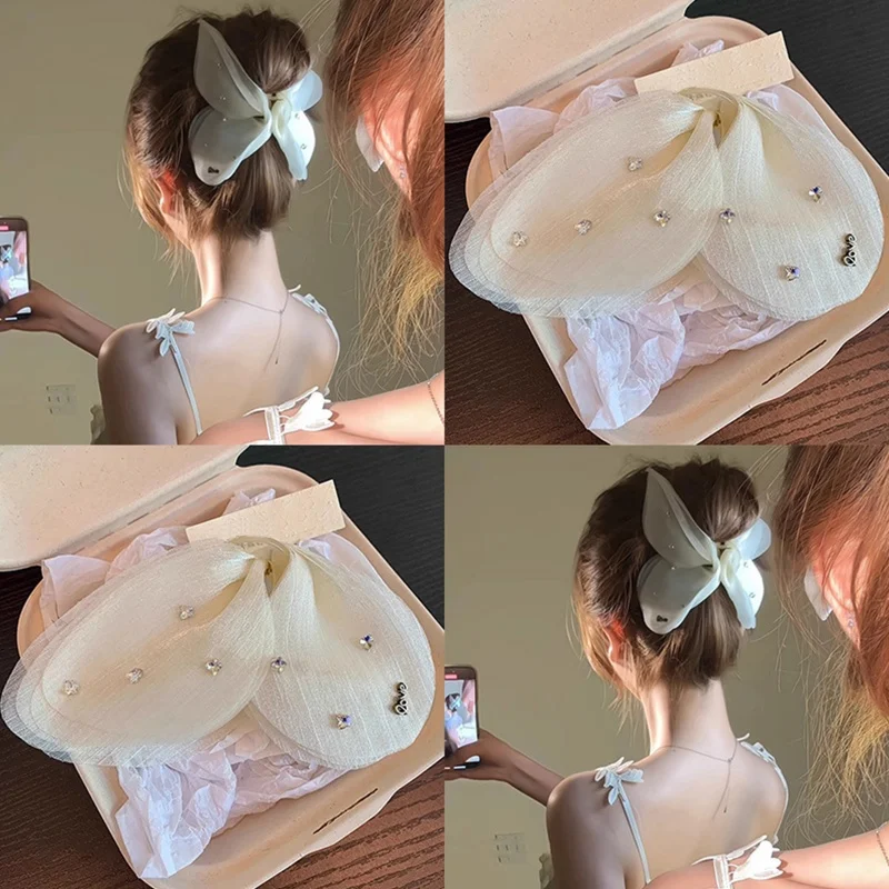 

1PC Hair Accessories Tulle Butterfly Wing Rhinestone Hair Claw Elegant Women Summer Fashion Headpiece Non-Slip Sparkle Claw Clip