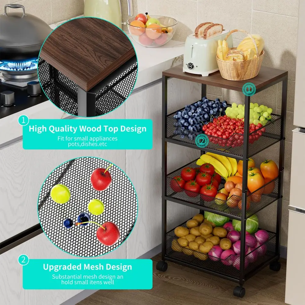 

Кухонная тележка-корзина для фруктов, 4-ярусная, на колесиках, с деревянной столешницей, для хранения овощей и фруктов, универсальная для кухни и кладовой