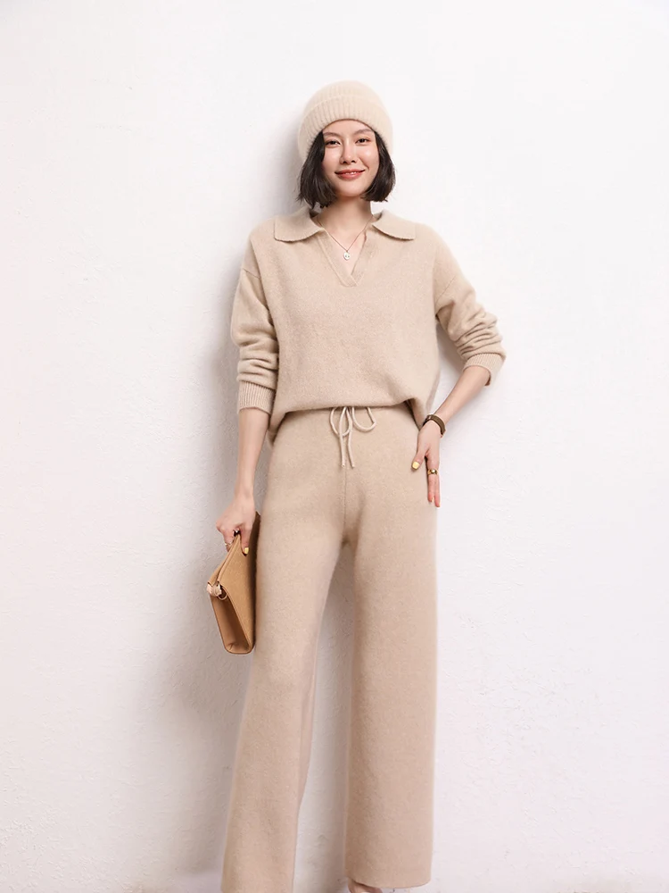 Fashion Suit Autumn Winter 100% Cashmere Knitted High Quality Sweater Women Tops And Harem Pants Two-Piece Female Girl Clothes