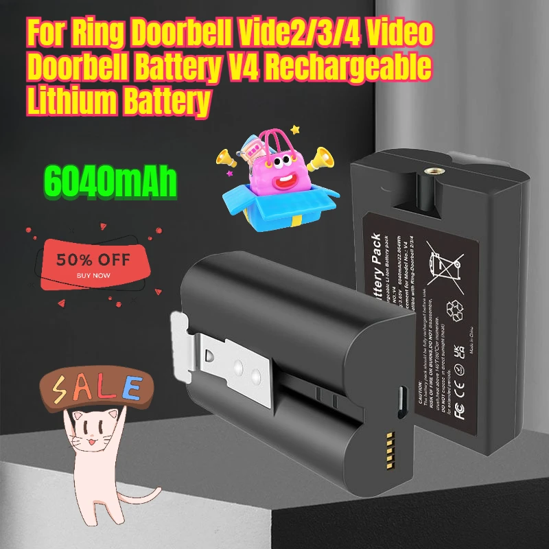 

6040mAh for Ring Doorbell Vide2/3/4 Video Doorbell Battery V4 Rechargeable Lithium Battery