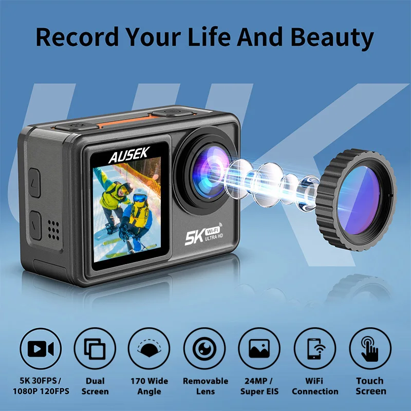 

Dual Screen 2.0-inch LCD EIS 4K 60FPS WiFi Video Recording 40M Waterproof Sports Cam Action Camera with Filter Lens (Option)