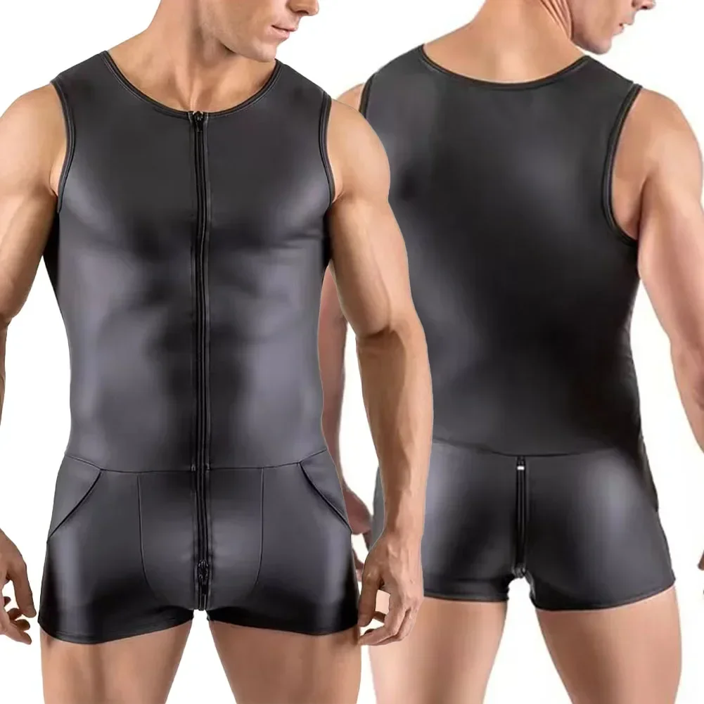 Sexy Men Faux Leather Bodysuit Nightclub Costumes Tight Pouch Leotard Sleeveless Zip-up Open Crotch Jumpsuit Erotic Lingerie