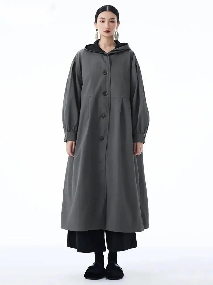 

Women Gray Single Breasted Big Size Long Trench New Hooded Long Sleeve Windbreaker Fashion Tide Spring Autumn