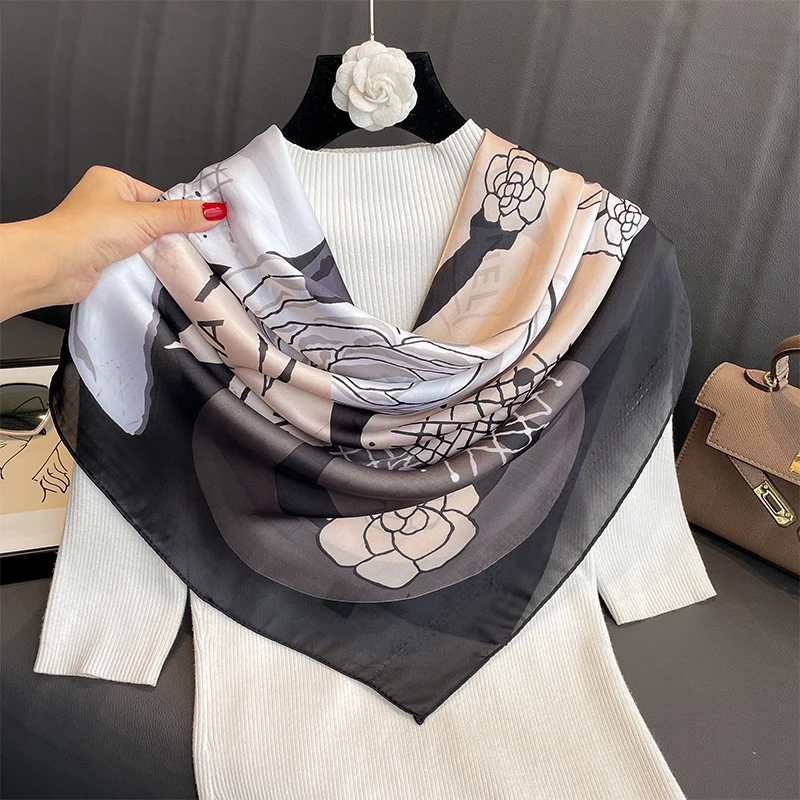 110x110cm Women Silk Square Scarf Hijab Female Design Print Lady Shawl Wraps Foulard Headbands Bufanda Large Bandana Luxury 2023