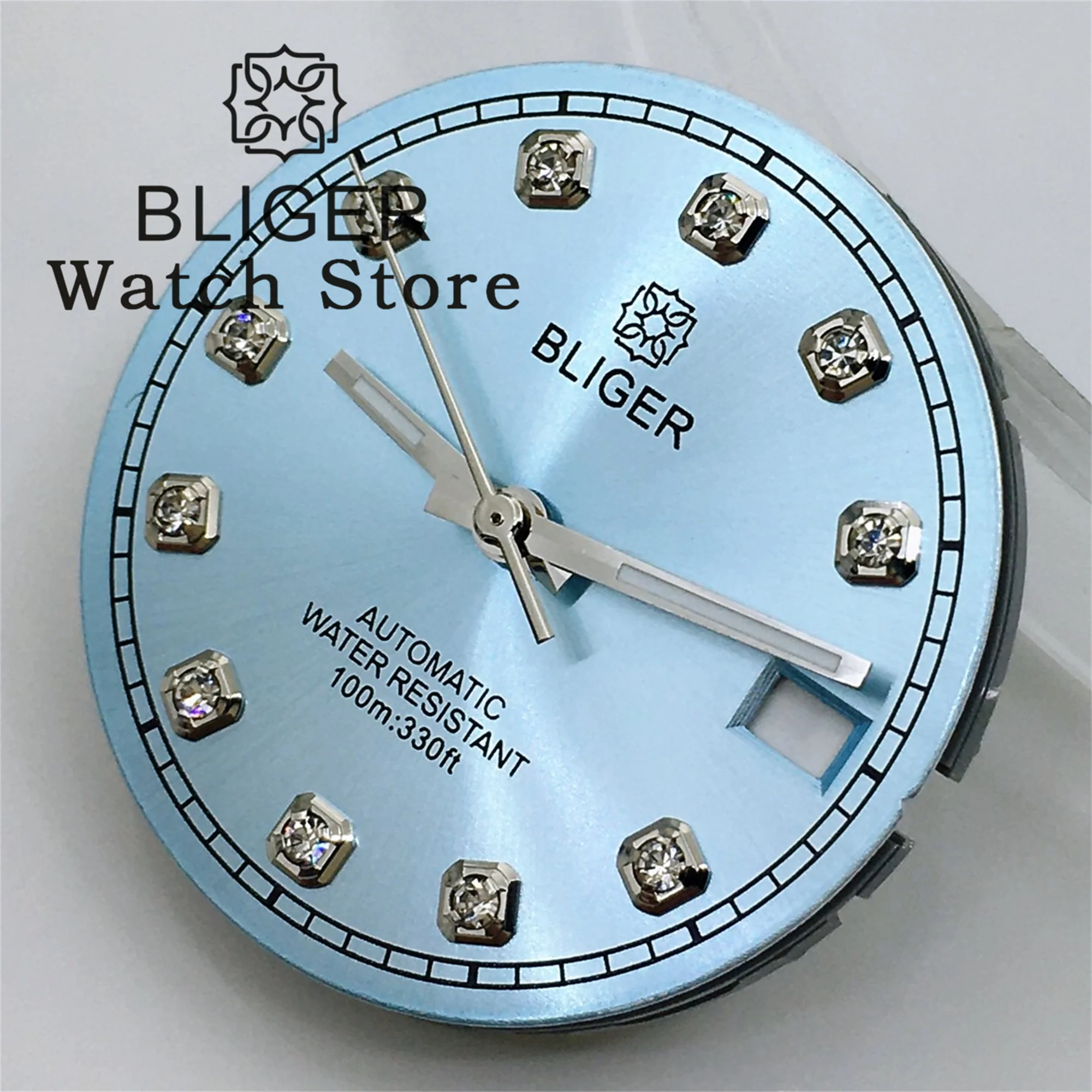 BLIGER/NO Logo 29mm Sunburst Watch Dial With Hands Green Pink Sky blue gold Dial With Diamond Index Date Fit NH35 NH36 Movement