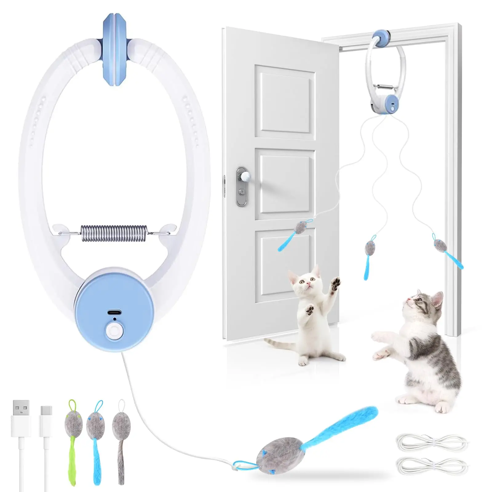 

Interactive Cat Toys for Indoor Cats, Smart USB Rechargeable Door Hanging retractable cat toy, with 3 Catnip Mice, for Bored Cat