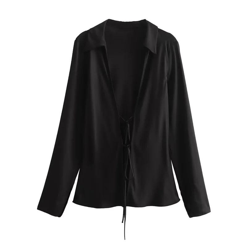 

Женские атласные рубашки с завязками спереди, шелковые клубные топы с глубоким V-образным вырезом, блузка на выход Y2k с длинными рукавами