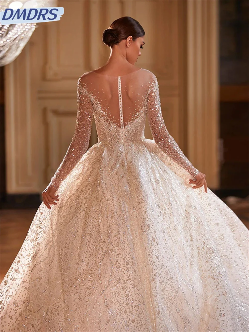 Luxurious Beaded Wedding Dress Elegant Sequined Bride Gown 2025 Glamorous Long Sleeve A-Line Bride Customized Vestidos De Novia