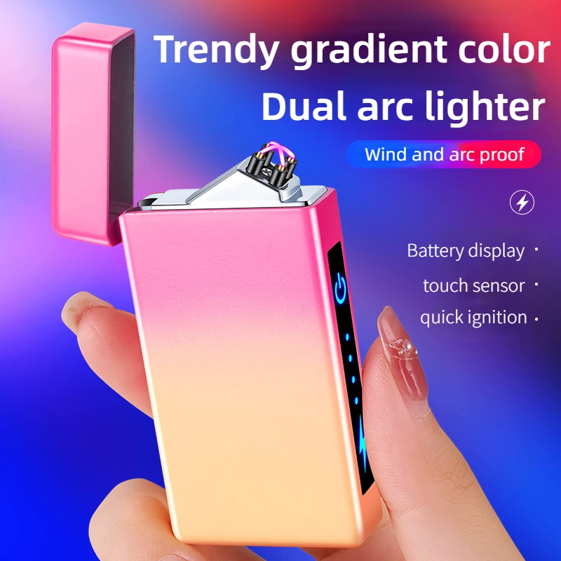 

Newest Metal Double Arc Lighter Gradient Color Creative USB Charging Power Display Touch Sensing Windproof Arc Cigarette Lighter