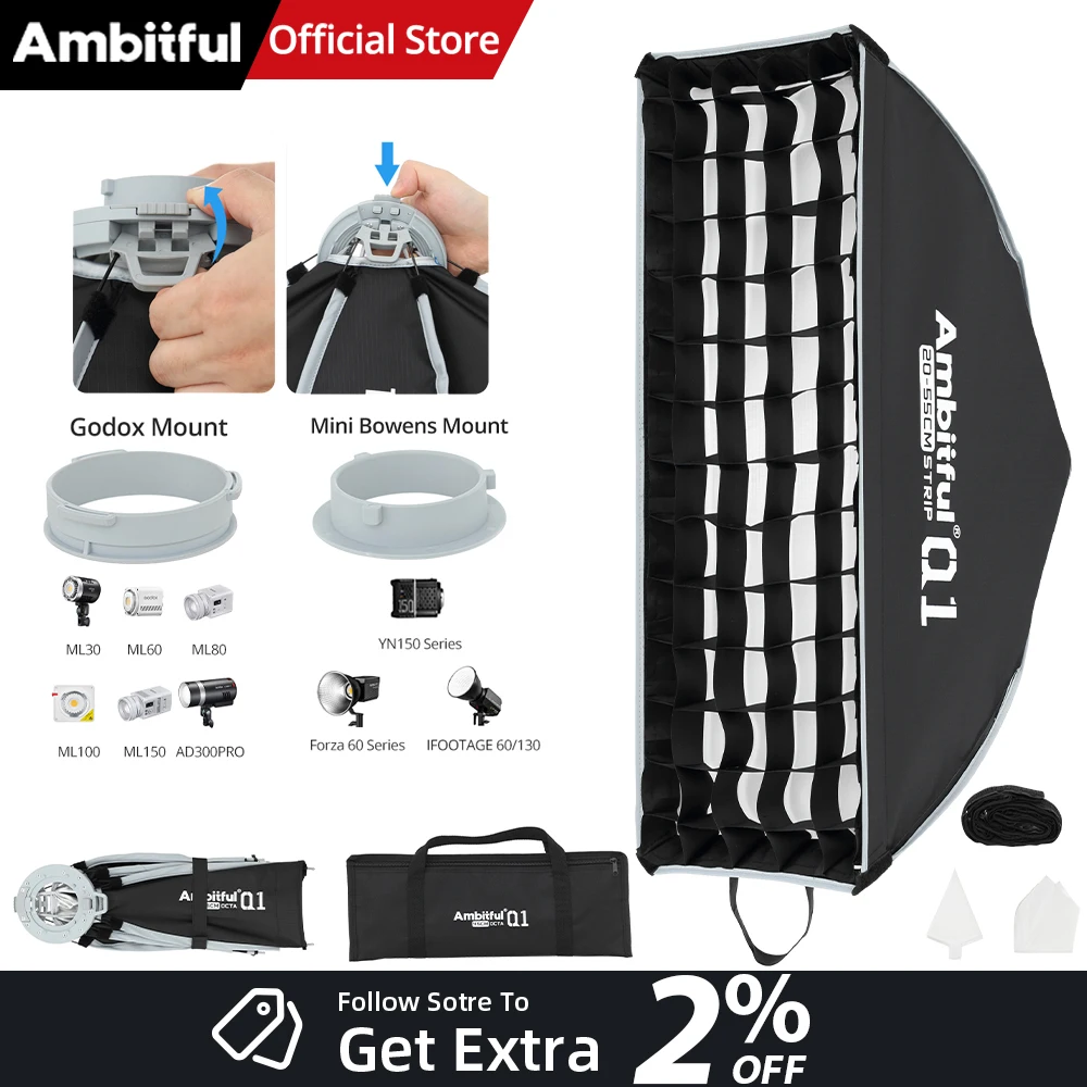 AMBITFUL Q1 20x55cm Mini Softbox à montage Bowens/GODOX, à montage rapide, avec grille, pour GODOX, Forza 60, Seres YN150 ﻿