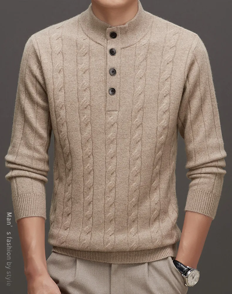 Autumn and winter new middle-aged men's cashmere sweater button stand collar leisure sweater dad classic fashion sweater.