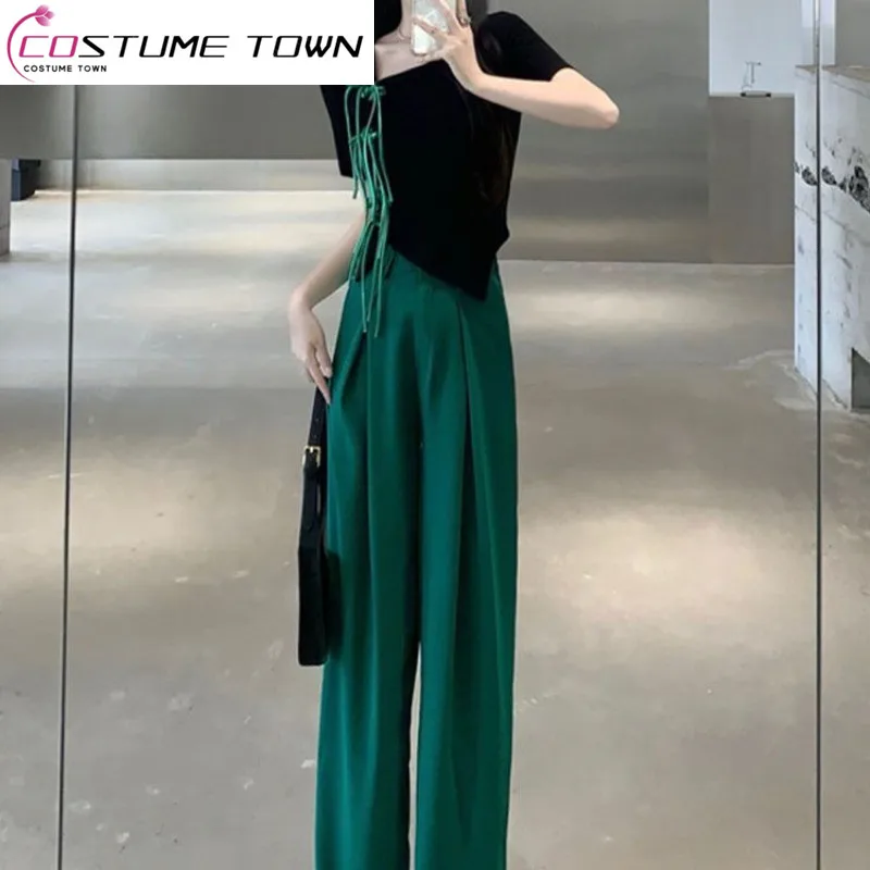 

2023 Summer Irregular Collar Contrast Tassel Button Short Top Women's High Waist Drop Wide Leg Pants Two Piece Set