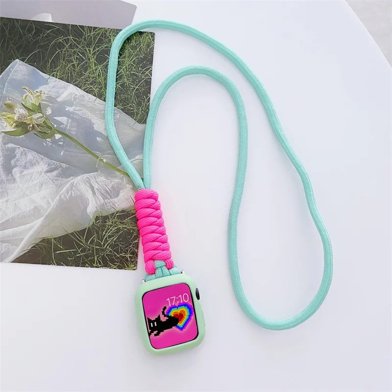 Cordão de náilon colar pingente para apple watch 49mm 45mm 44 42 40 41 para iwatch série ultra2 9 8 7 6 se pulseira de substituição + caso