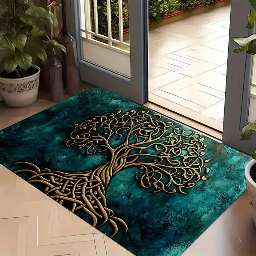 Celtic Knot Tree of Life Doormat, Dark Teal Gold Pattern Rug, Non-Slip Rubber Backed Door Carpet for All Seasons