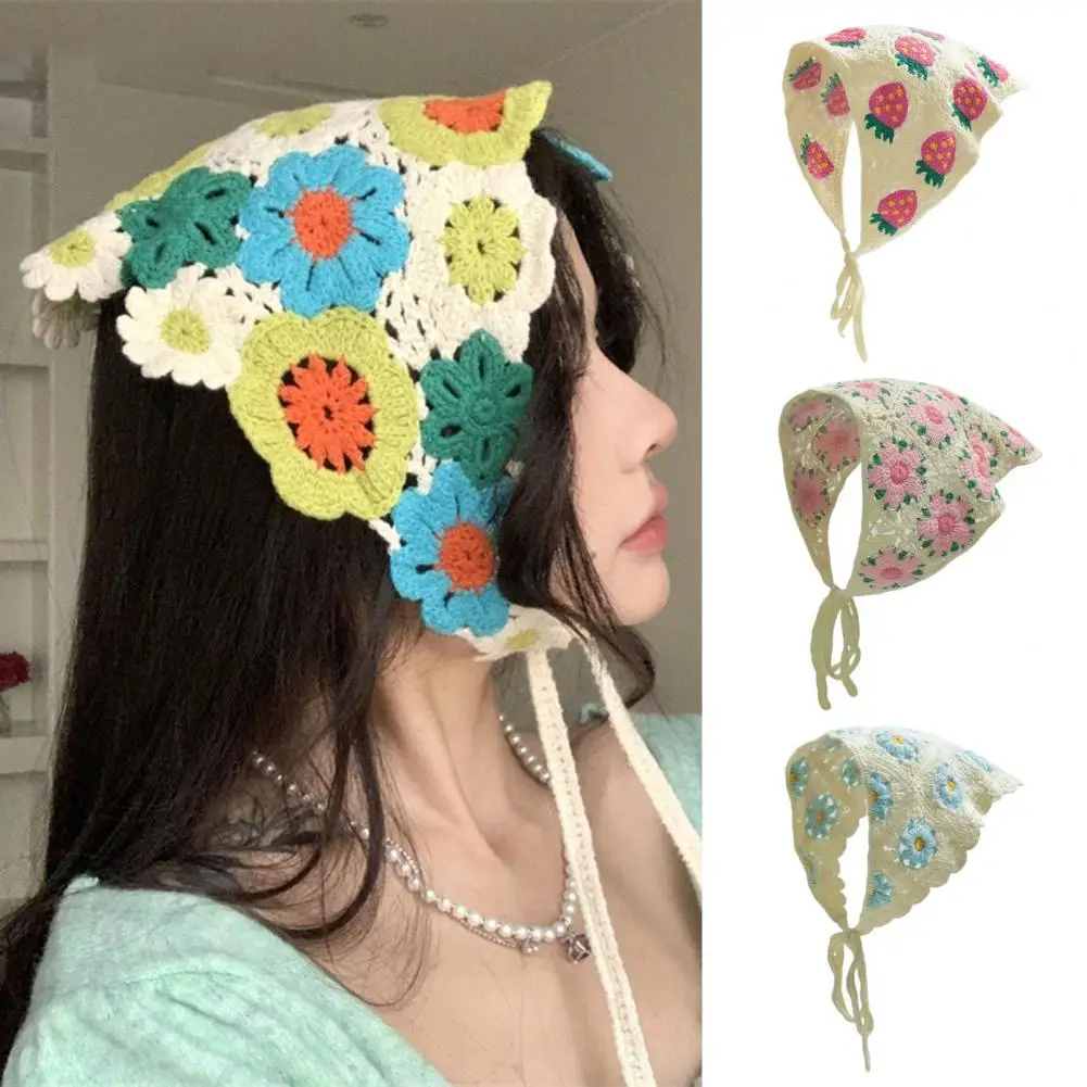 Versatile Women Headwear Women Crochet Headscarf Elegant Style Retro Girl Headscarf with Flower Pattern Adjustable for Various