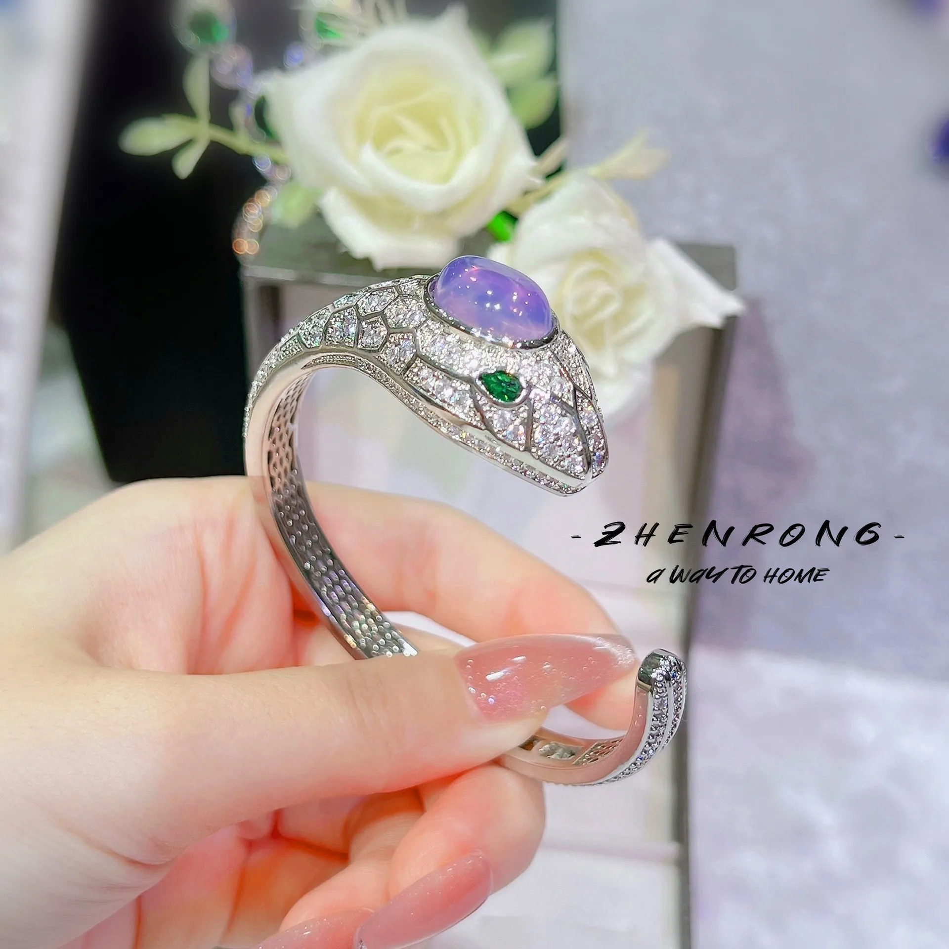 S925 sterling silver bracelet haute couture purple starstone necklace open ring stud earrings set