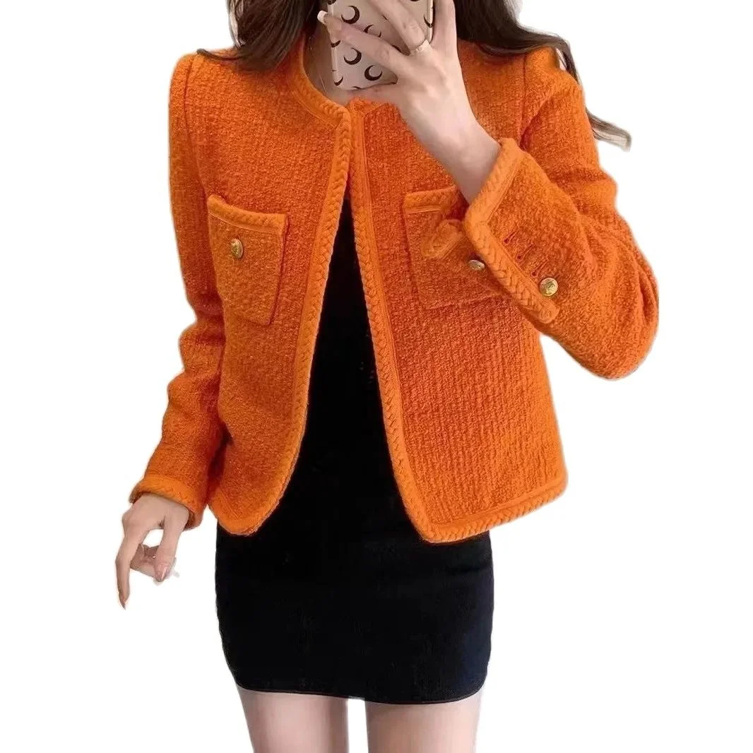 Chaqueta corta de Tweed naranja para mujer, abrigo informal de manga larga con cuello redondo, otoño e invierno, novedad de 2023