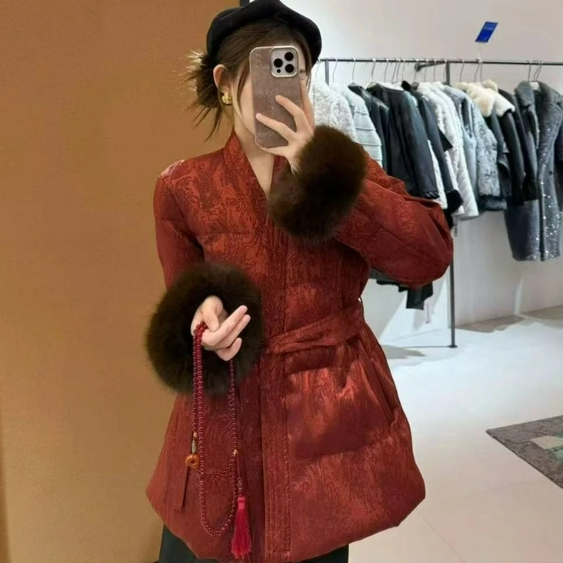 

Женская пуховая куртка в китайском стиле на хлопковой подкладке, зима 2026, высококачественная жаккардовая куртка с завязкой на талии, экологически чистые шерстяные рукава