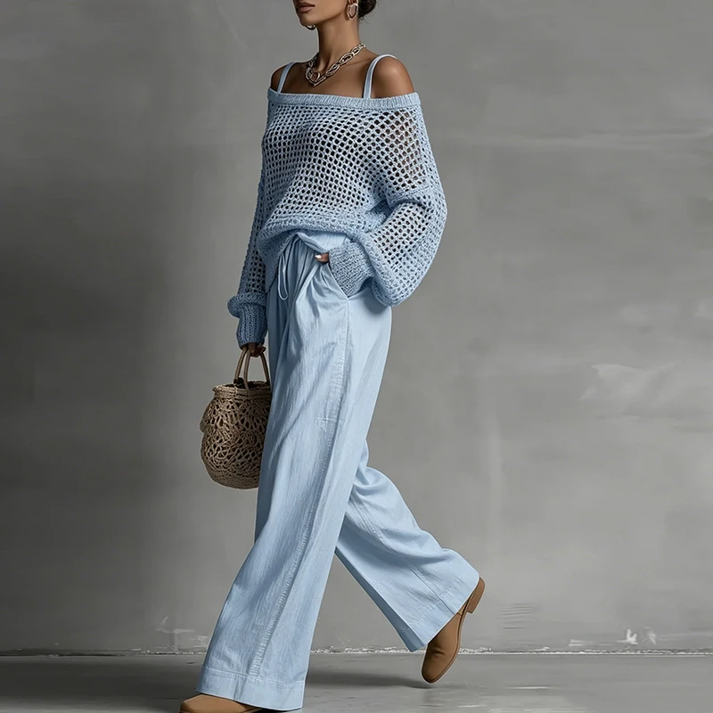 

Casual Long Sleeved Knitted Loose Suit Vacation Elegant Lady Solid Color Outfit Fashion Off Shoulder Top and Pants Two Piece Set