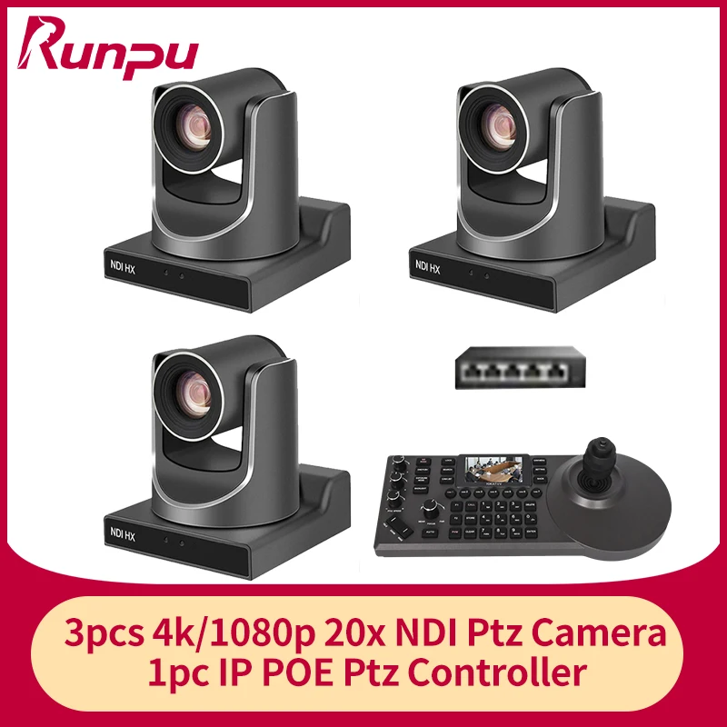 Video Conference Camera Kit 3pcs 4K/1080P NDI PTZ CAMERA 20X 30X Zoom Ai Auto tracking  & 1pcs IP POE Ptz joystick controller