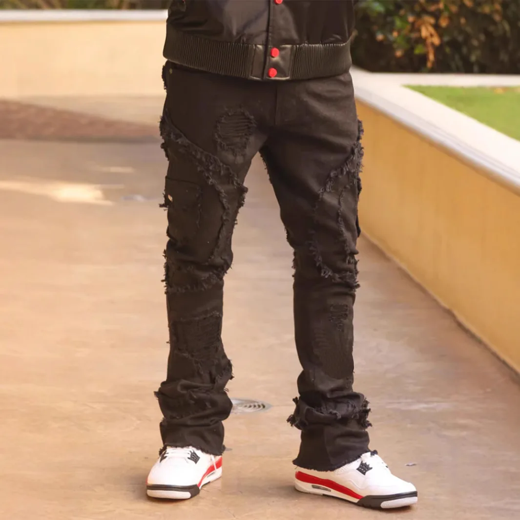 2025 Men's Perforated Slightly Flared Fringe Stretch Jeans Streetwear Fashion Mens Clothing