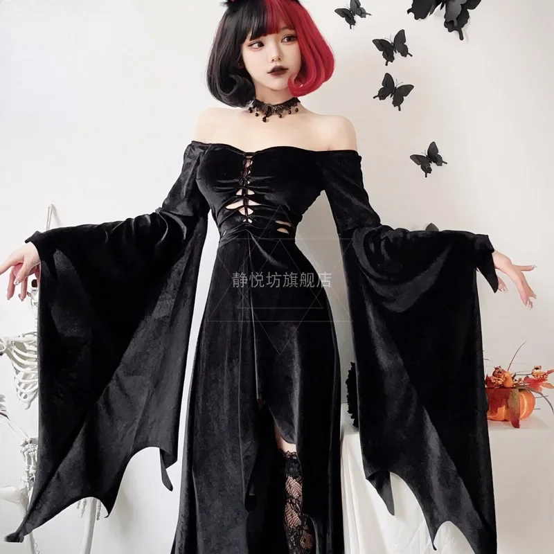 Halloween Costume for Women Anime Cosplay  Black Dress Witch Long Vestidos Vampire Bride Outfit Sexy Disfraz