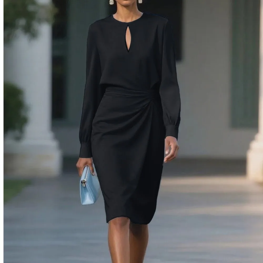 

Elegant Women's Dress Spring Autumn O-neck Hollow Long Sleeve Office Commuting Style Women's Solid Color Pleated Slim Long Dress