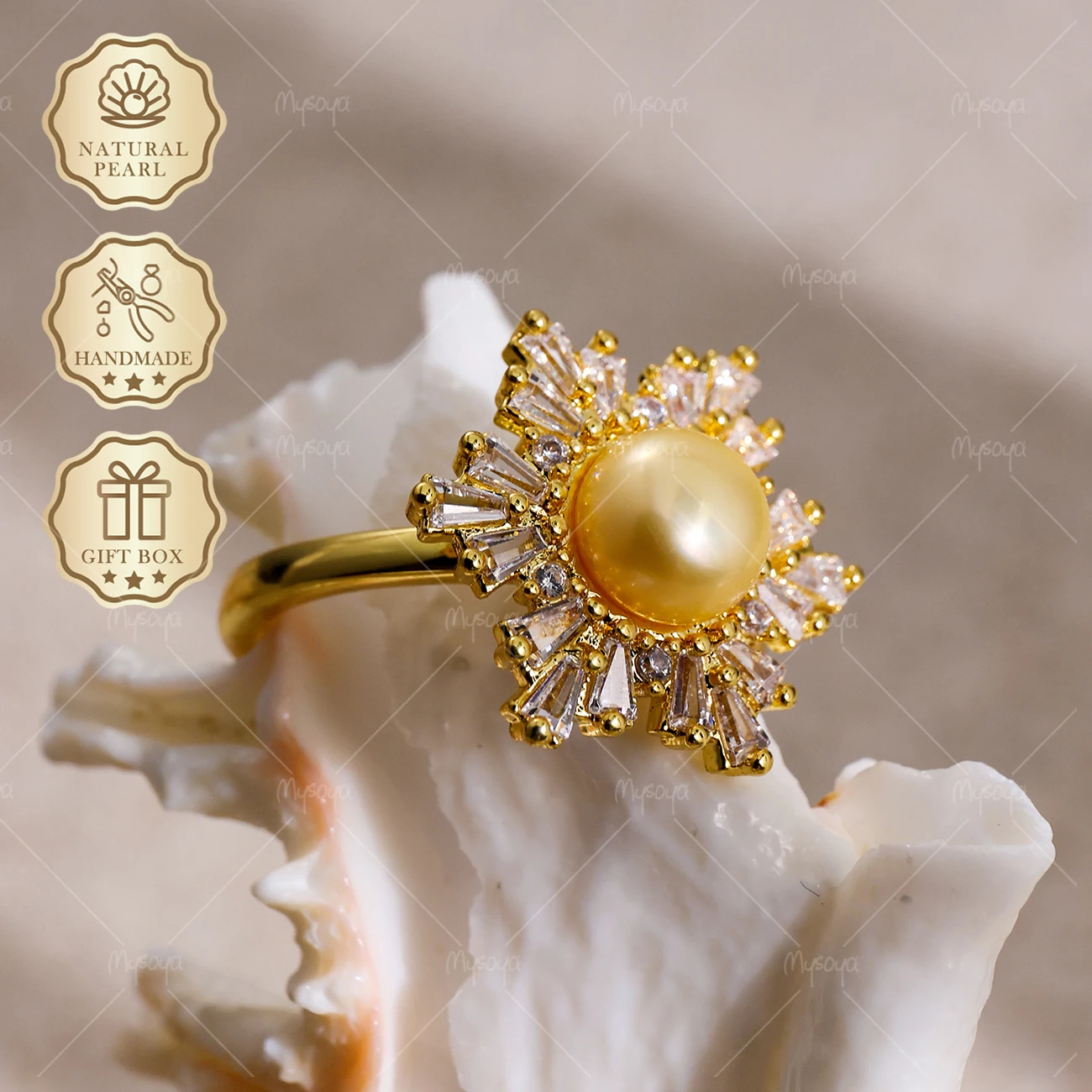 

MYSOYA 7-8mm Freshwater Pearl Open Ring Gold Snowflake CZ Ring, Gift Box, Birthday Jewelry S403