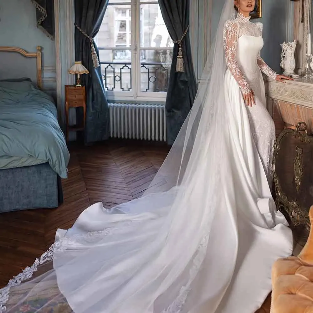 

Свадебное платье русалки 2 в 1, свадебное платье 2025, высокий воротник, длинный рукав, кружево свадебное платье со съемным шлейфом