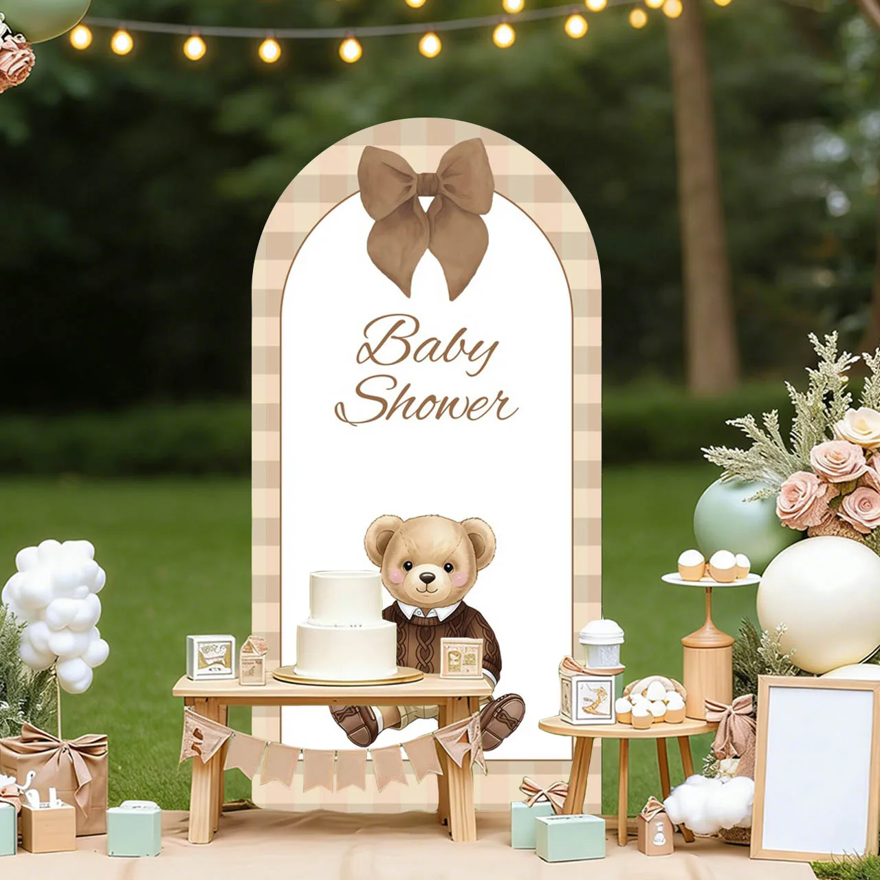 Mehofond Custom Name Cute Bear Pink Checked Theme Boys Birthday Party Baby Shower Cover Chiara Arch Background Decor Backdrop