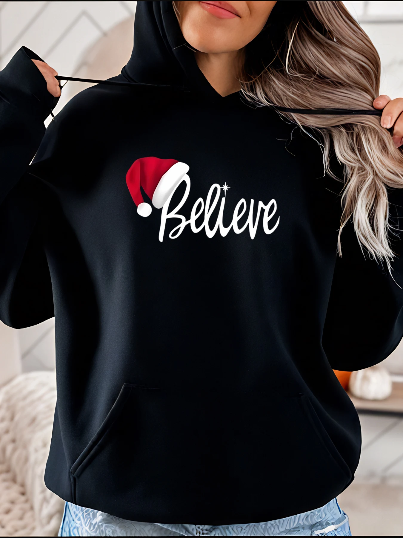 

Рождественская шапка с принтом, толстовка с капюшоном в повседневном стиле, женская зимняя одежда, праздничный наряд