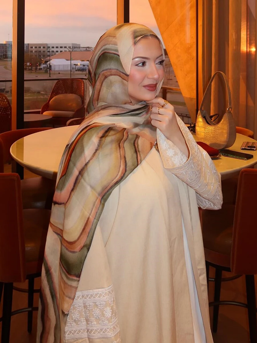 Dwustronne hidżaby muzułmańskie damskie wiosenne szale akwarelowe miękkie hidżaby muzułmańskie na Eid z modalu i bawełny, chusta na głowę Ramanda