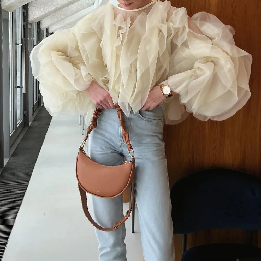 レディース ブラウス ラウンドネック フリルエッジ パッチワーク レディース シャツ 長袖 ショートカット ラウンドネック マッシュルームエッジ トップ 女性用