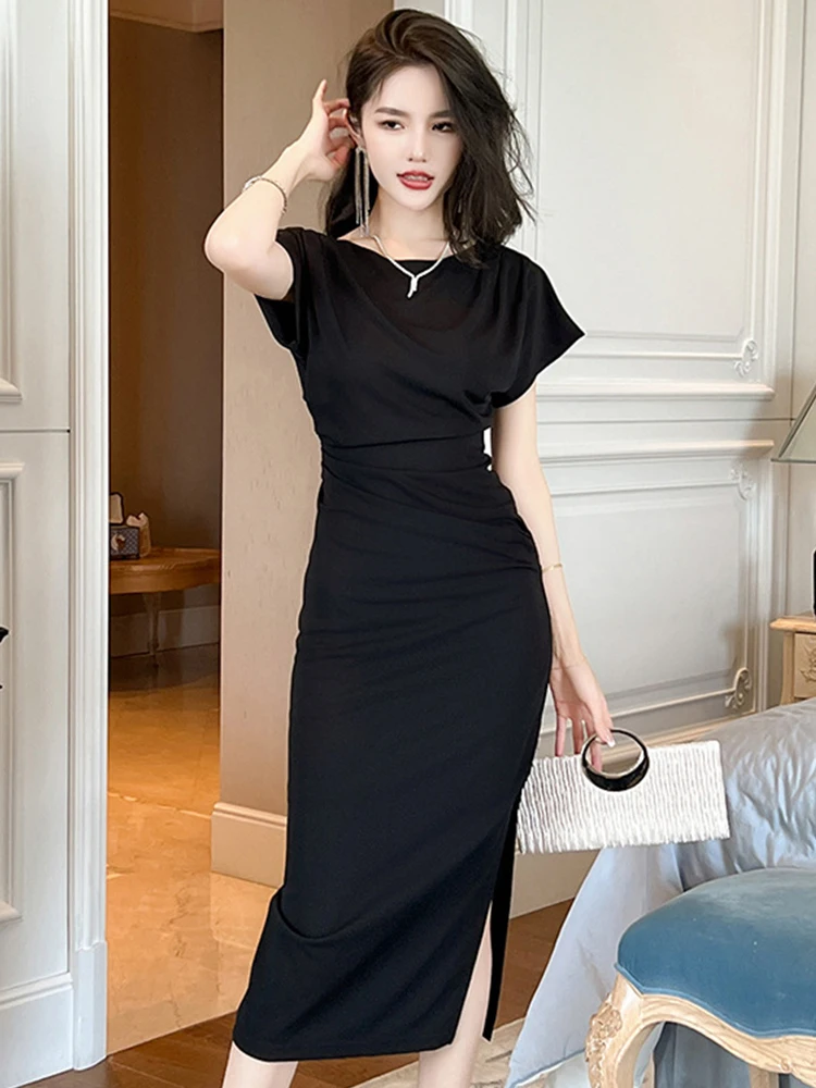 Summer Maxi Dress for Women French Style Vintage Orange Black Short Sleeve Folds Slit Robe Femme Party Prom Street Vestidos