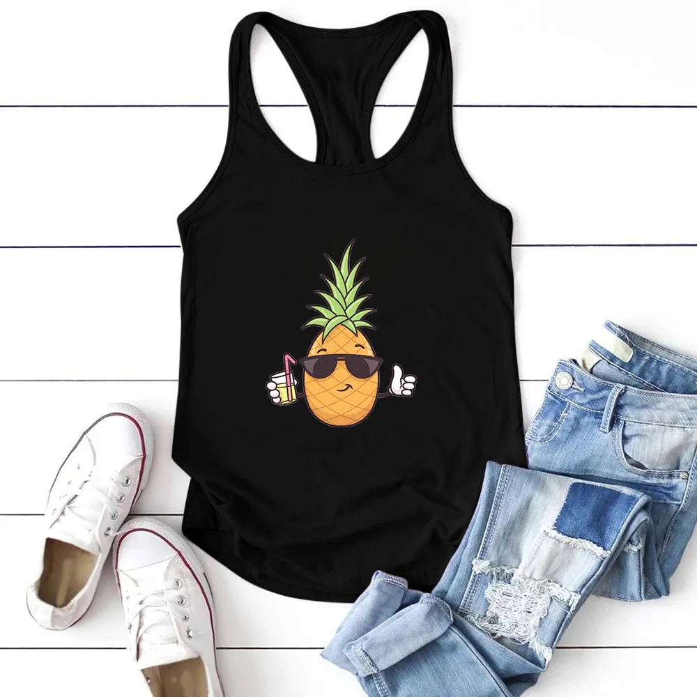 Seeyoushy Cool Pineapple Print Vest Women's Crewneck Sleeveless Shirt Summer Casual Fashion Suspender Tank Top Ropa Para Mujer