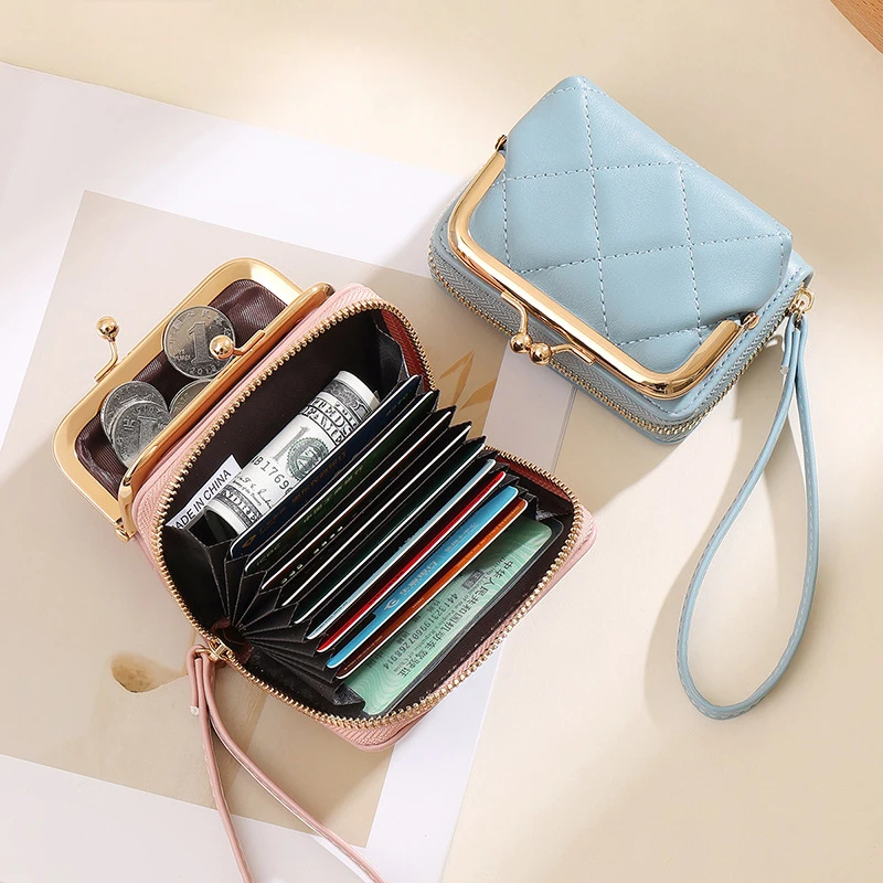 Women's Quilted Accordion Card Holder Removable Coin Clip Pouch Portable Travel Daily Use Ladies Wristlet