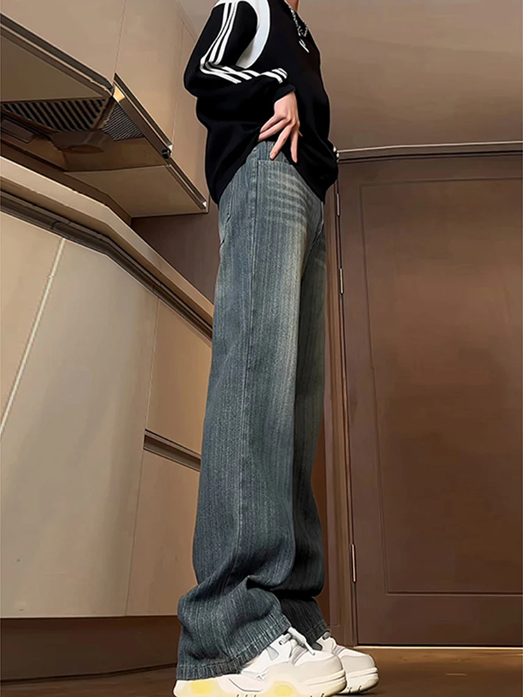 

Мужские джинсы в стиле ретро с синим бамбуковым узором, американского кроя, зауженные, прямые, с расклешением, длиной в пол