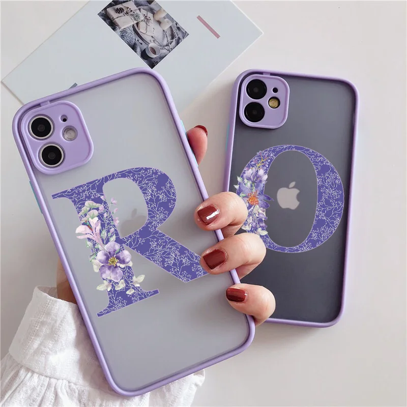 Initial Letter Phone Case For iPhone 14 13 12 mini 11 15 Pro X XR XS 7 8 Plus Retro Purple Flower Hard Shockproof Back Cover