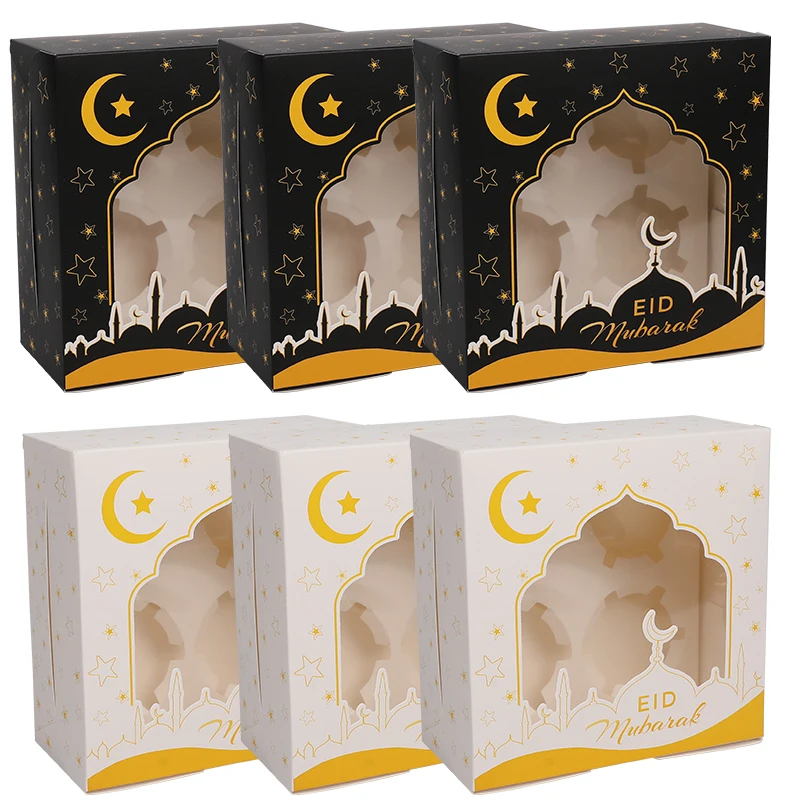 1pc Eid Mubarak Candy Cake Boxes Ramadan Decoration 4Holes Baking Cupcake Packaging Box Bag For Home Muslim Islamic Party Supply