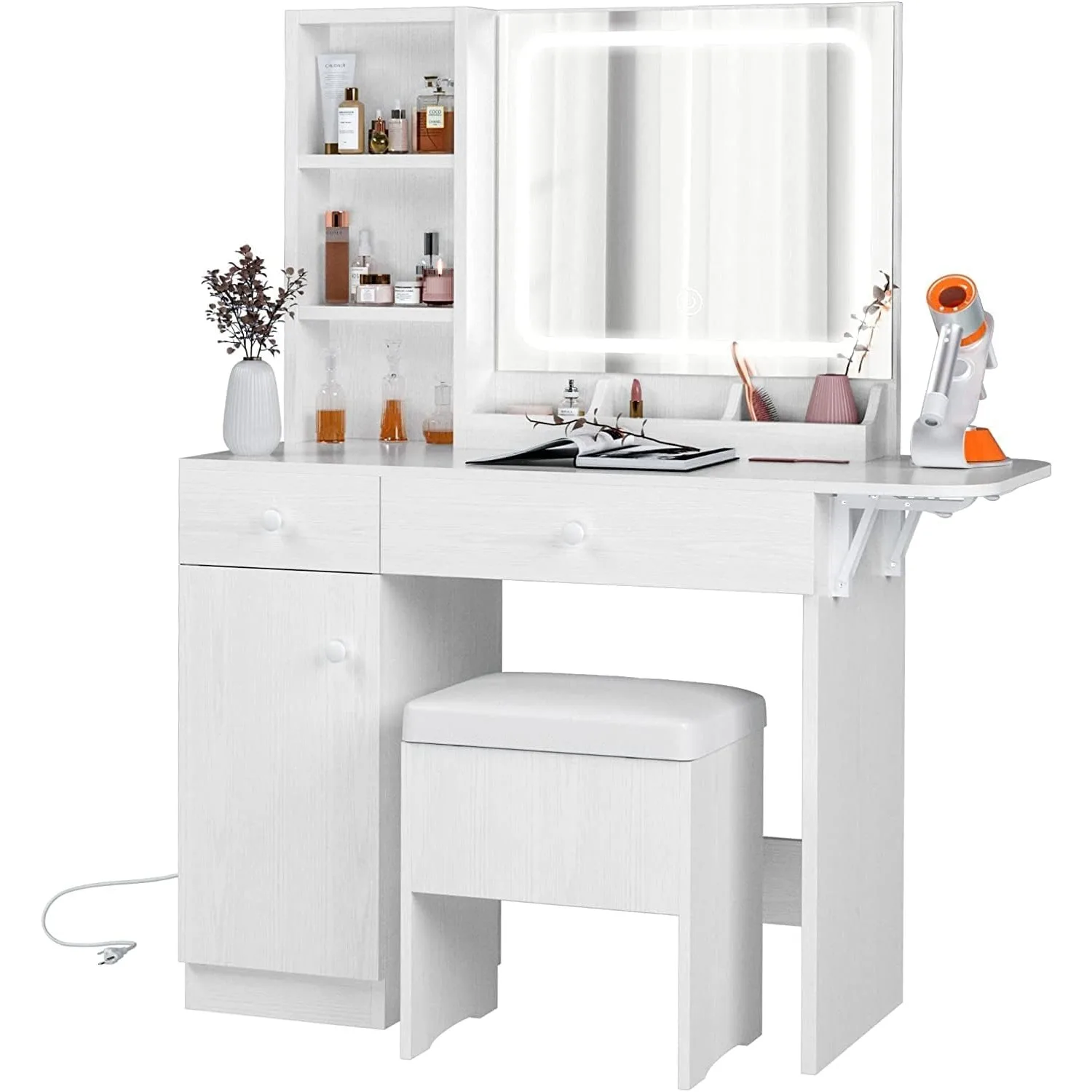 IRONCK Vanity Desk with LED Lighted Mirror & Power Outlet, Makeup Table with Drawers & Cabinet,Storage Stool,for Bedroom