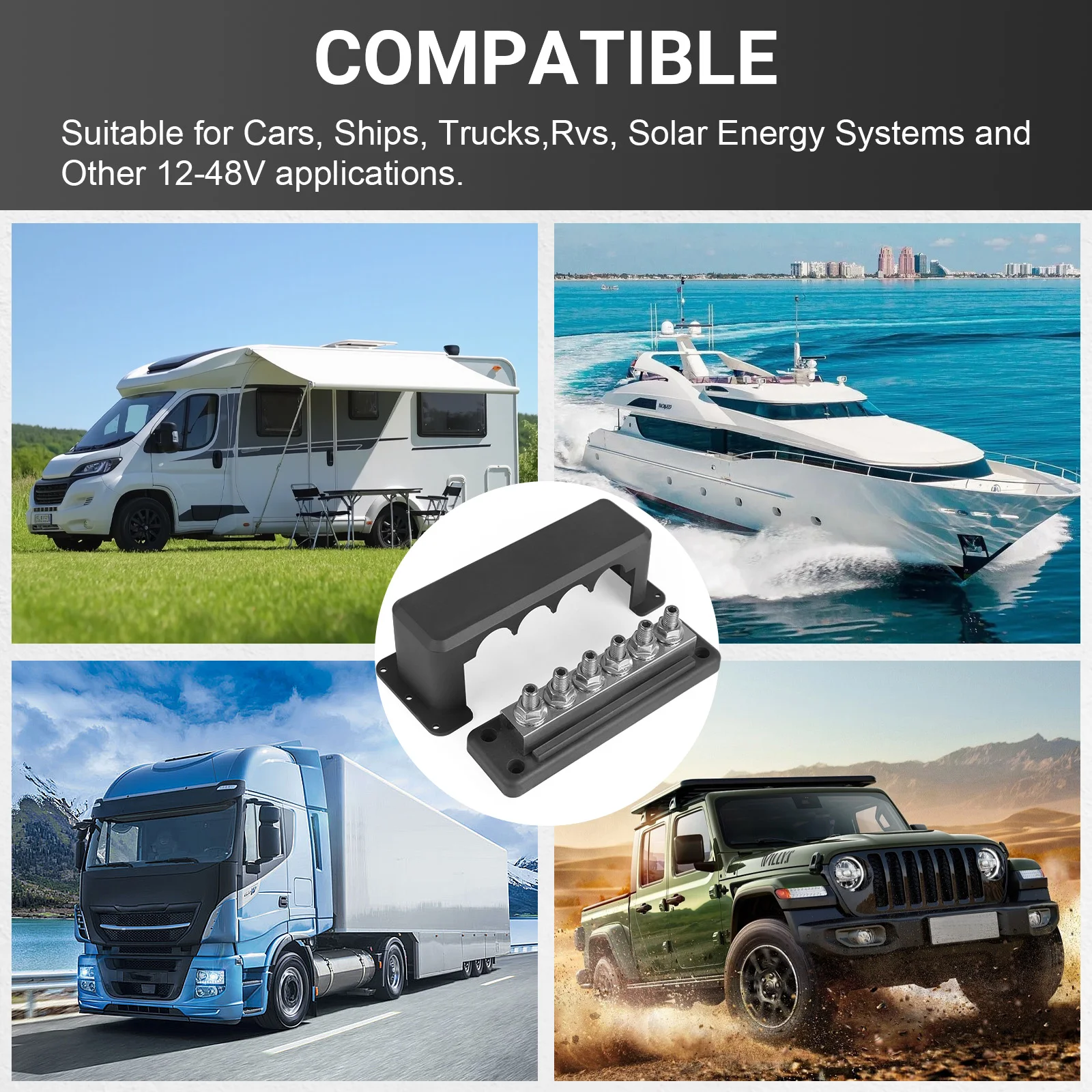 Red Black Copper Bus Bar Ground Distribution Block 12-48VDC With Cover For Caravan Truck Boat Car Camper RV 600A 6 Stud M10 3/8"