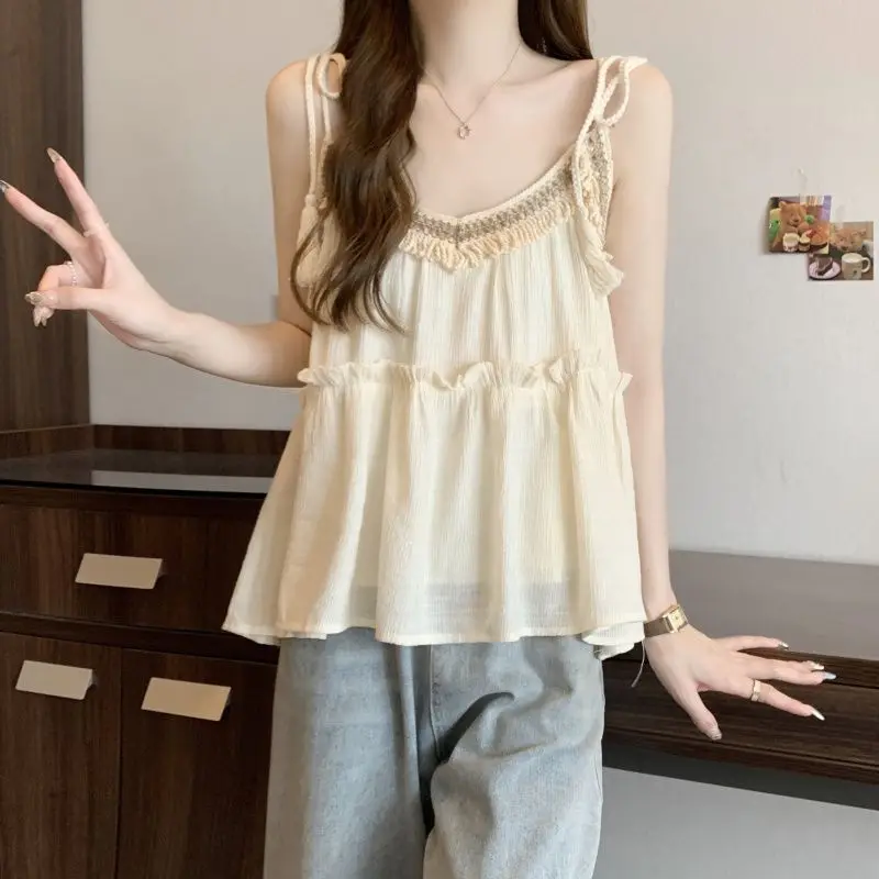 

New Summer Vacation Style Suspender Vest Design Loose Sleeveless French Sweet Versatile Lotus Leaf Doll Top Q50