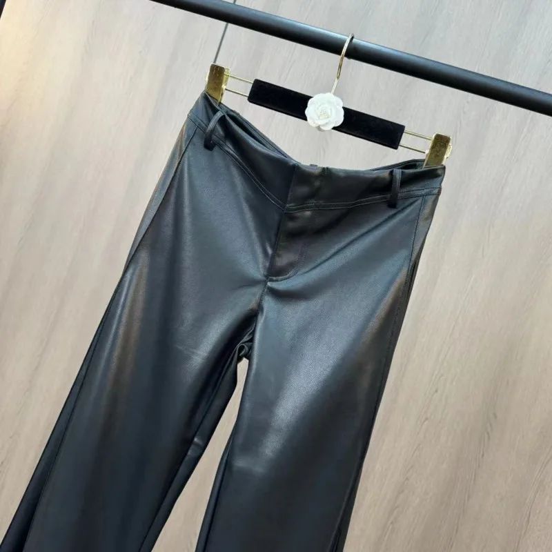 [ZOCI] Winter New High Quality PU Leather Women's Low Waist Folded Cross Long Wide Leg Floor Pants